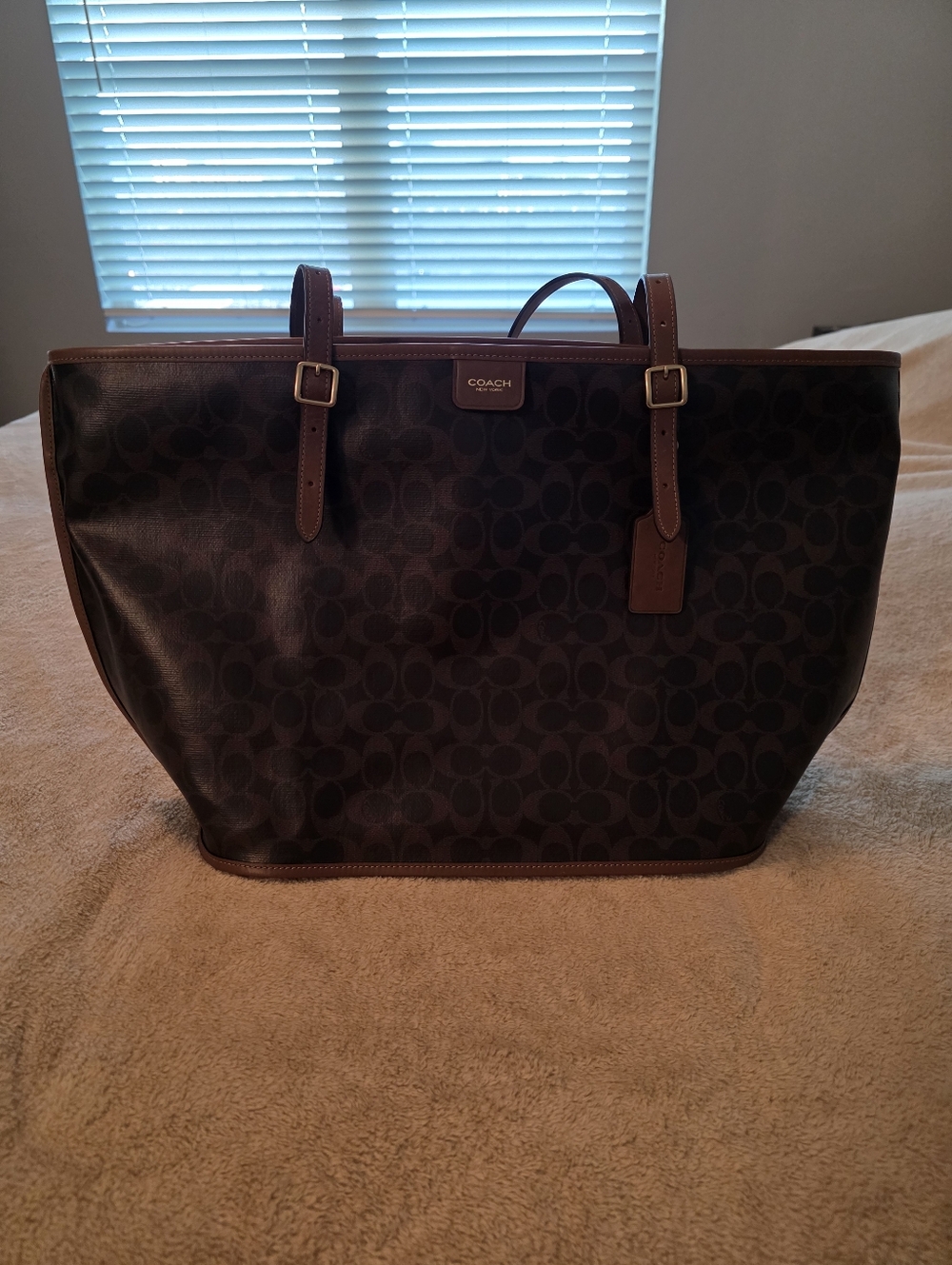 Coach Dark Brown Monogram Canvas Tote with Leather Trim